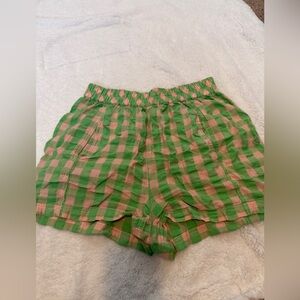 Free People Green and Pink Gingham High-Waist Boxer Shorts